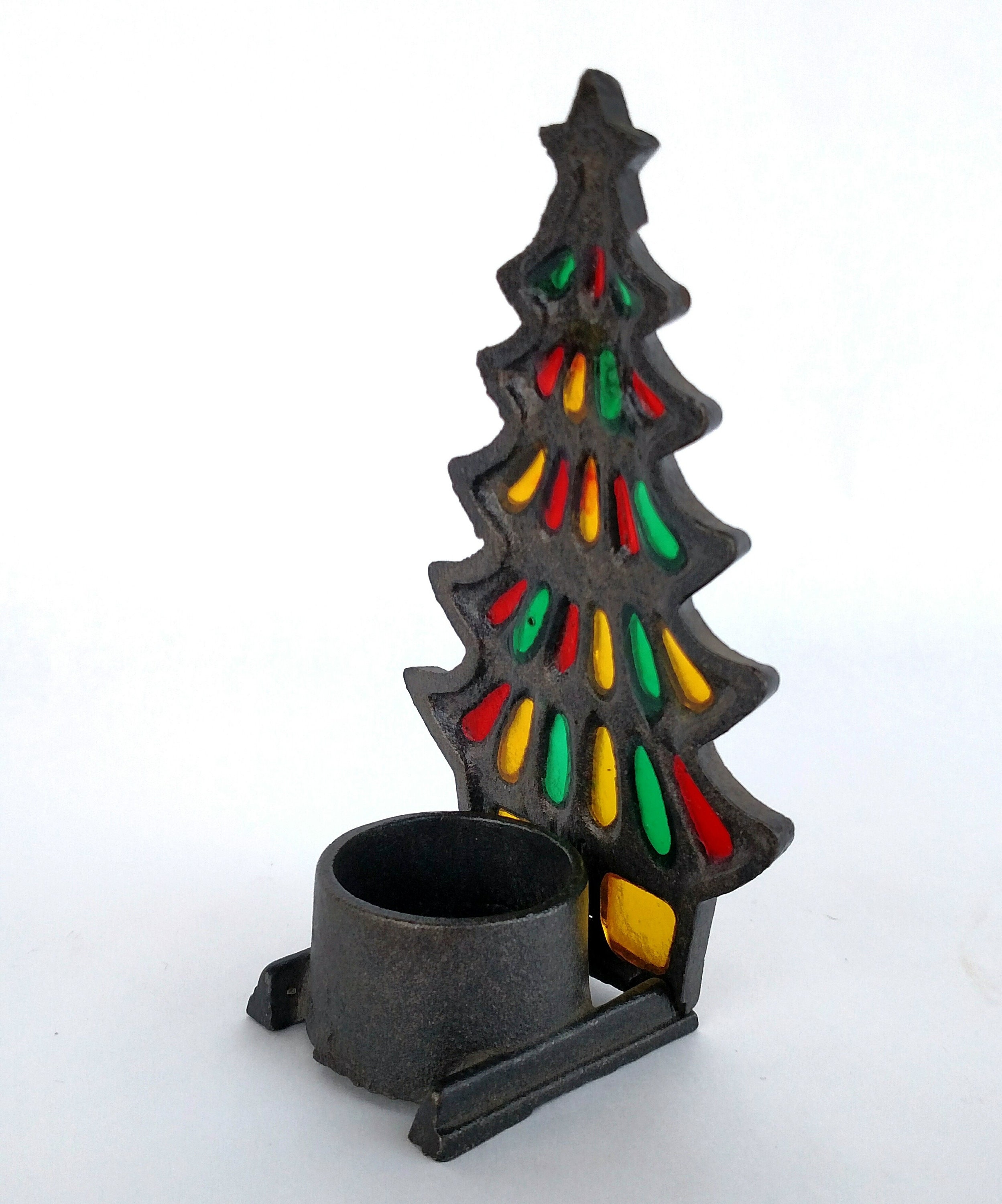 Vintage 1960's Stained Glass and Wrought Iron Christmas Tree Candle Holder