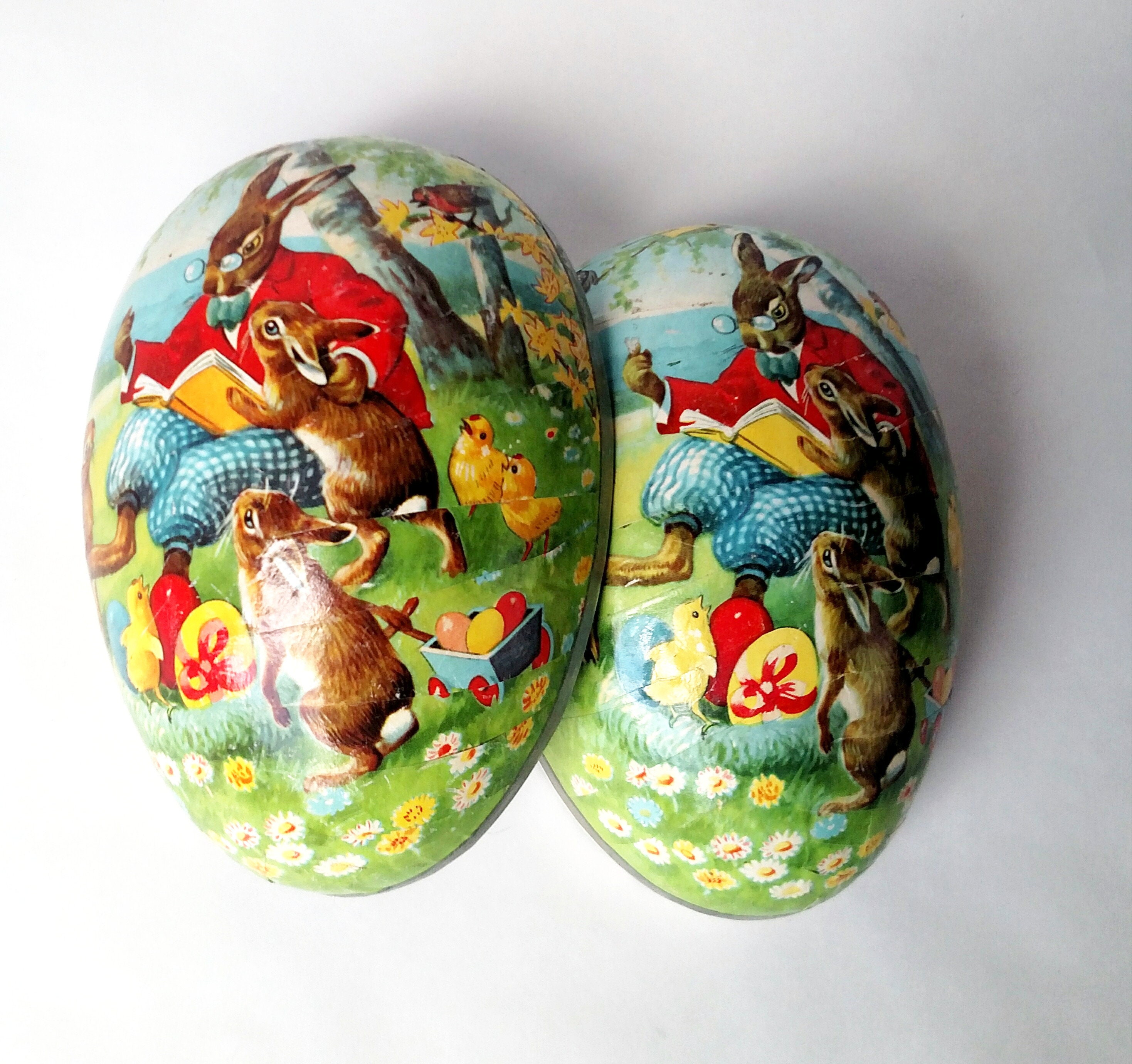 Vintage Paper Mache Easter Egg Box with Daddy Bunny Reading to Baby Bunnies