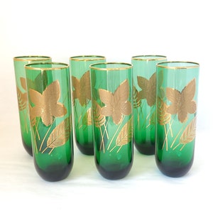 Set of 6 Vintage Libbey Emerald Green Glass Tumblers with Gold Leaf Design Mid Century Glass / Green Glasses / Vintage Glasses / Barware image 2