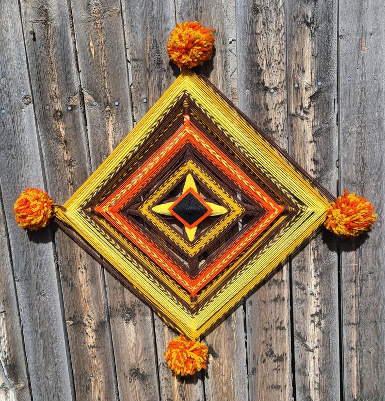 Vintage 1970's Yarn God's Eye in Orange, Brown and Yellow Ojo De Dios Vintage God's Eye / Seventies Wall Decor image 2