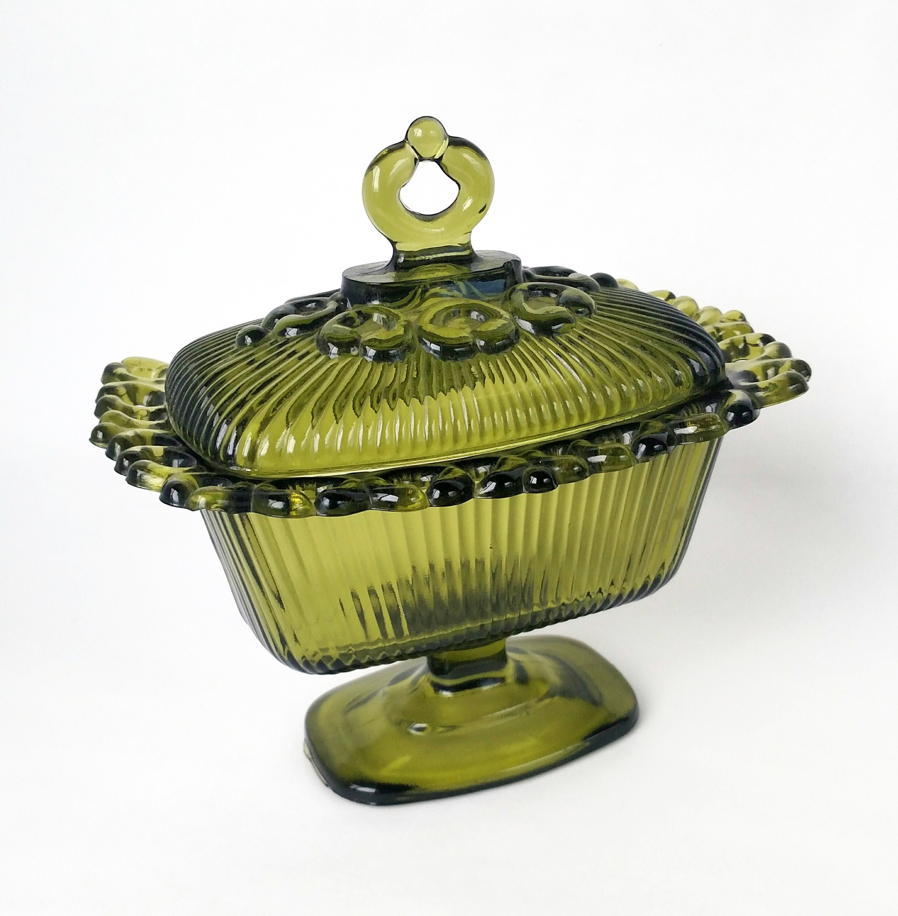 Vintage Indiana Glass Covered Candy Dish in Olive Green