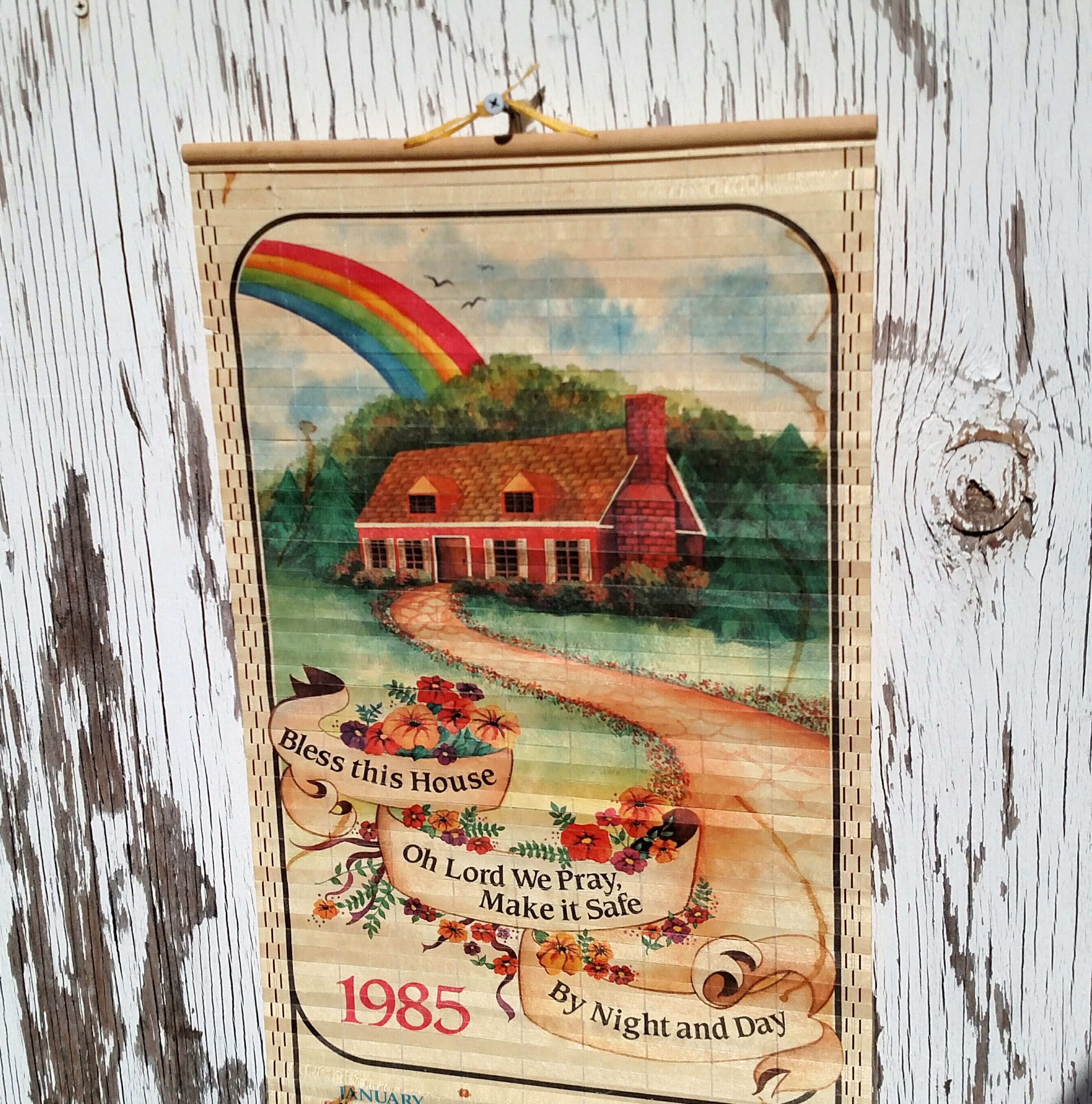 Vintage 1985 Bamboo Wall Calendar with Wildlife and Rainbow