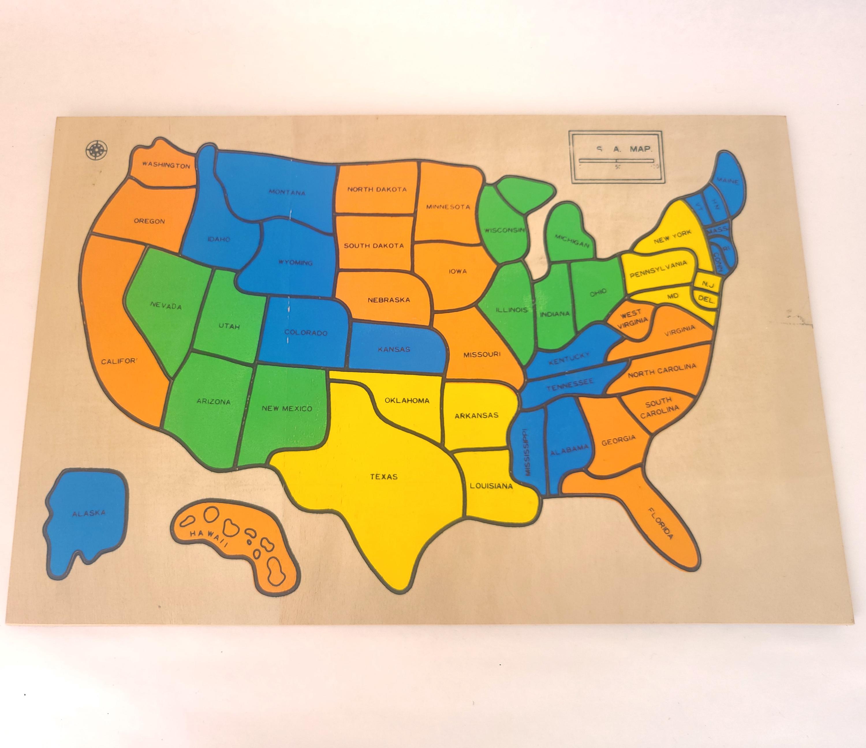 United States Map Puzzle With State Capitals - Vintage Wood Toy Jigsaw