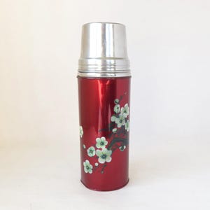 Vintage Red Thermos with Air Brushed Cherry Blossoms - Vintage Thermos / Cherry Blossom Thermos