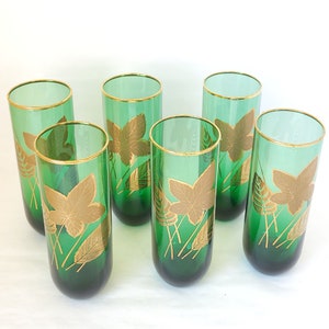 Set of 6 Vintage Libbey Emerald Green Glass Tumblers with Gold Leaf Design Mid Century Glass / Green Glasses / Vintage Glasses / Barware image 3