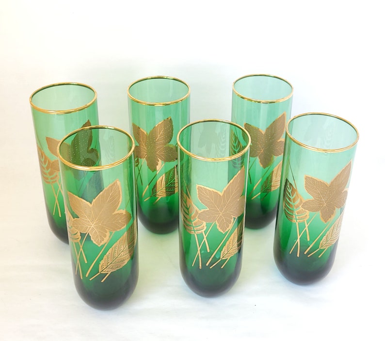 Set of 6 Vintage Libbey Emerald Green Glass Tumblers with Gold Leaf Design Mid Century Glass / Green Glasses / Vintage Glasses / Barware image 3