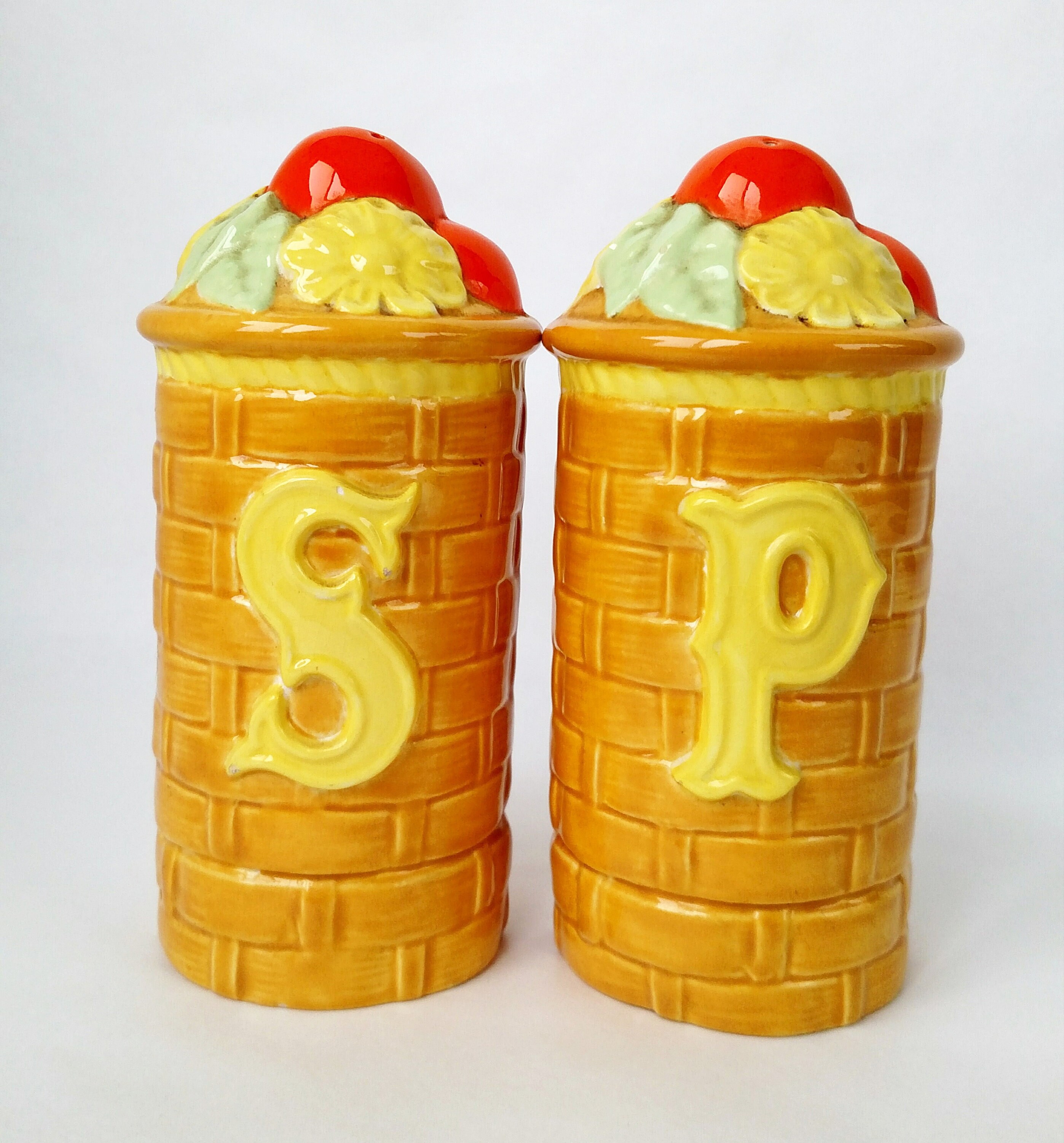 Vintage Large Ceramic Citrus Basket Salt and Pepper Shakers in Yellow