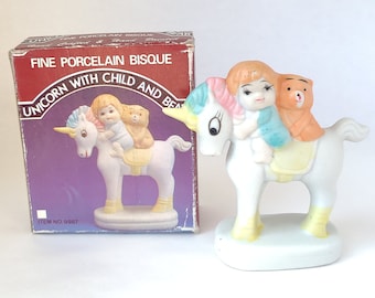 Vintage Unicorn with Child and Bear Fine Porcelain Bisque Figurine in Original Box - Kitschy Cute / Eighties Baby / Unicorn Figurine