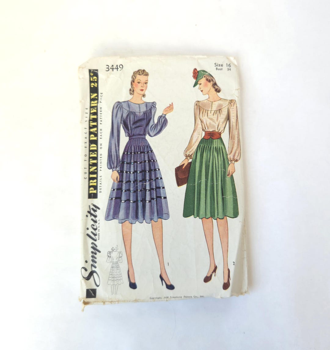 Simplicity Pattern 4089 1940 Afternoon Dress - Simplicity Pattern #3449 - Size 16 - Vintage ...