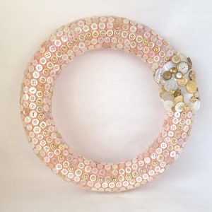 Vintage Button Wreath in Pink, White and Gold 12 Inch Button Decor / Sewing Room Wreath image 3