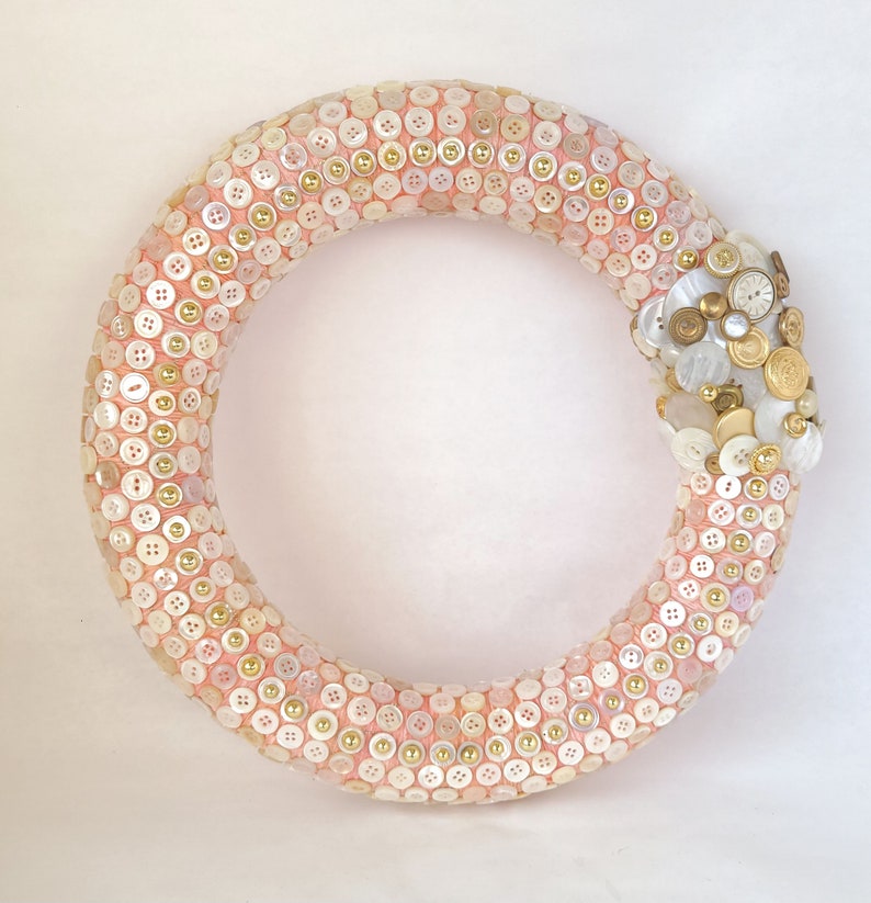 Vintage Button Wreath in Pink, White and Gold 12 Inch Button Decor / Sewing Room Wreath image 3