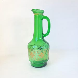 Mid Century Green Glass Decanter with Gold Design - Vintage Bar Decor