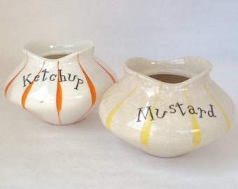 Vintage 1958 Howard Holt Mustard and Ketchup Ceramic Jars - Containers Only - Vintage Condiment Jar / Kitschy Kitchen