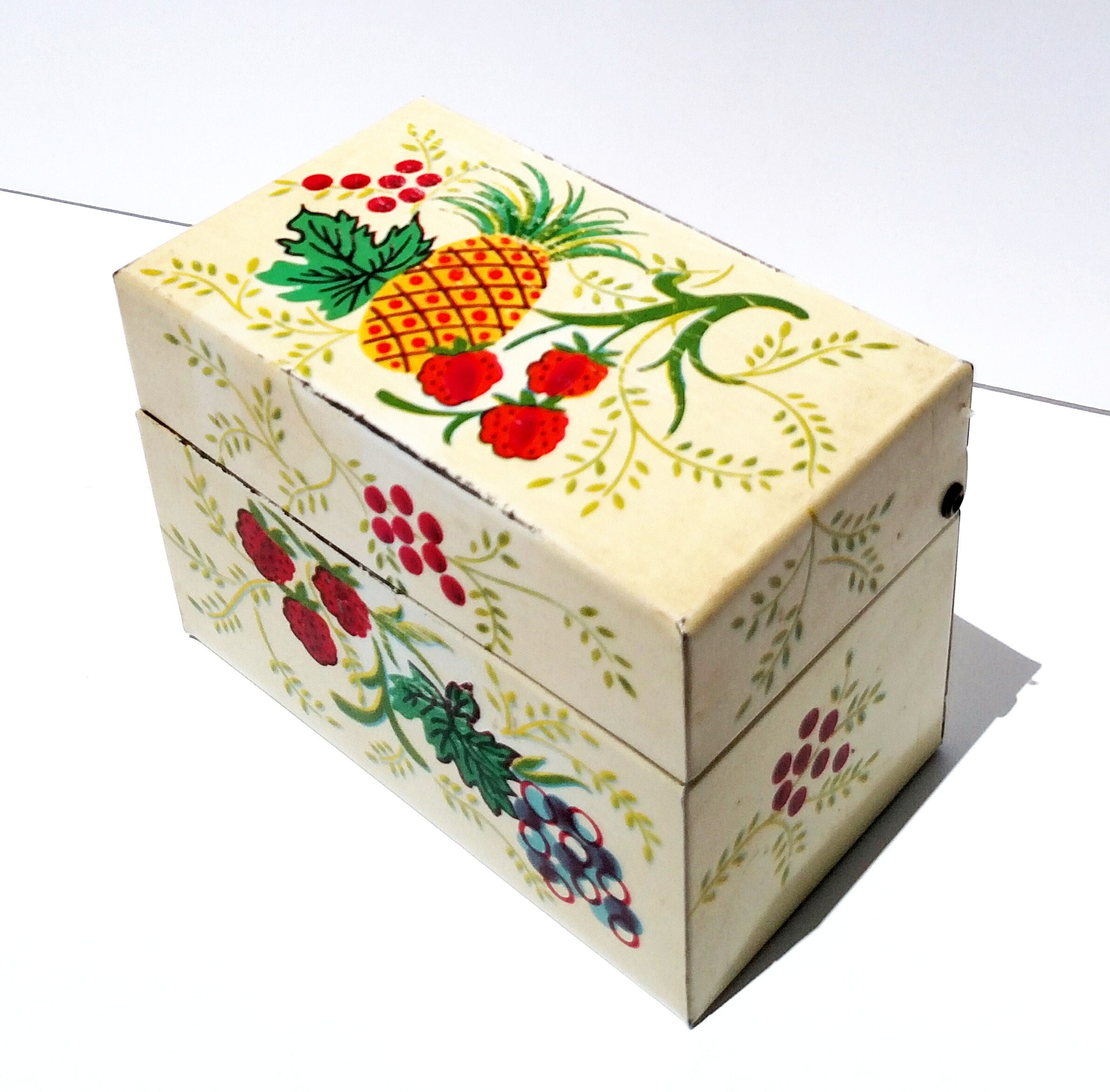 Vintage 1940's Tin Recipe Card Box with Kitschy Fruit Print