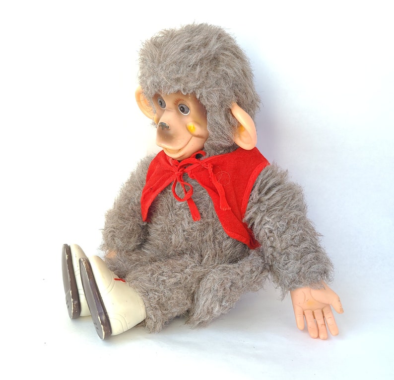 Vintage Plastic Face Furry Monkey Plush with Sneakers Made in Japan 15 Inches / Rubber Face Plush / Vintage Plush Monkey / Kitschy Cute image 3