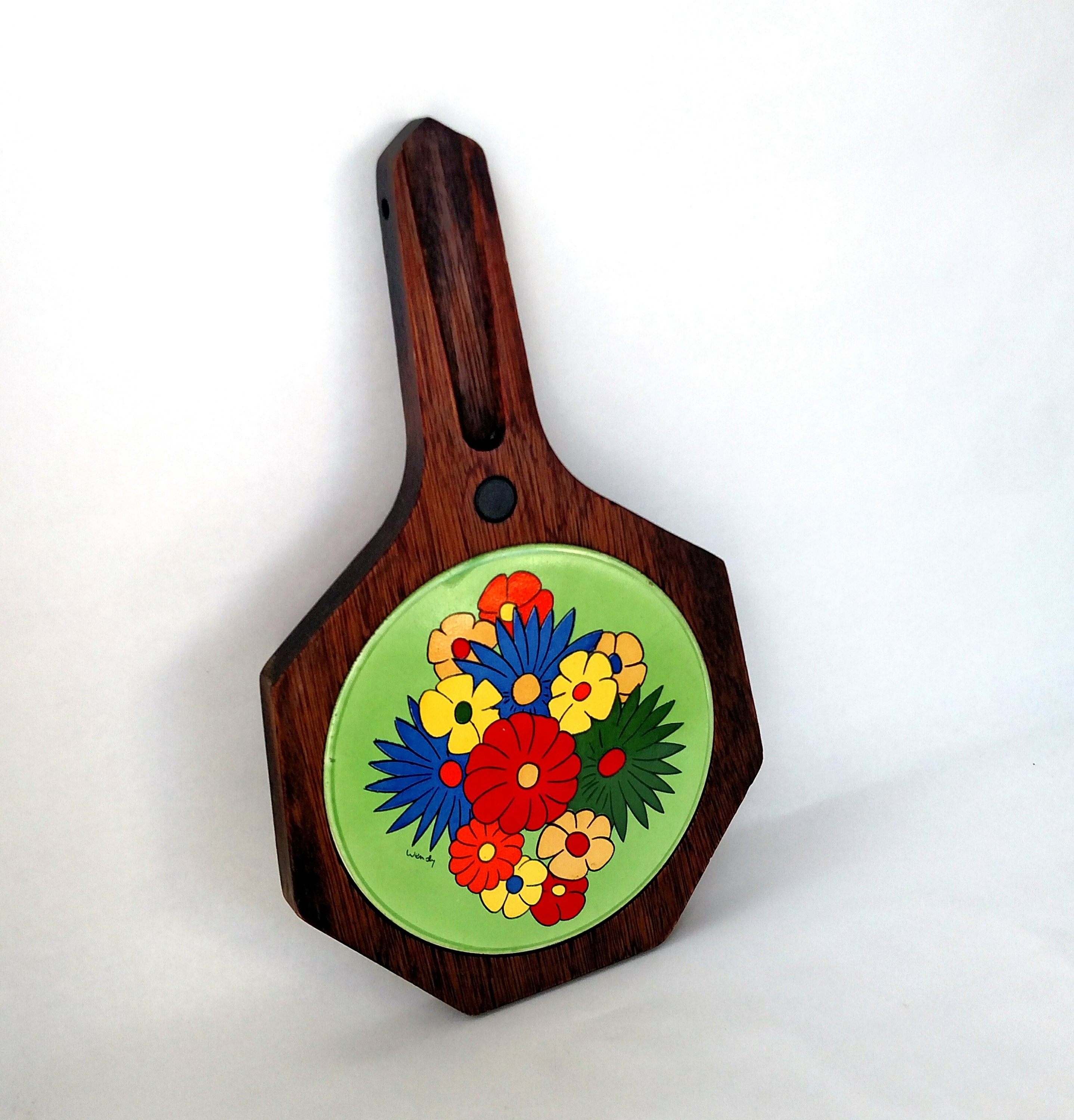 Vintage Groovy Floral Ceramic Tile and Wood Trivet Tray