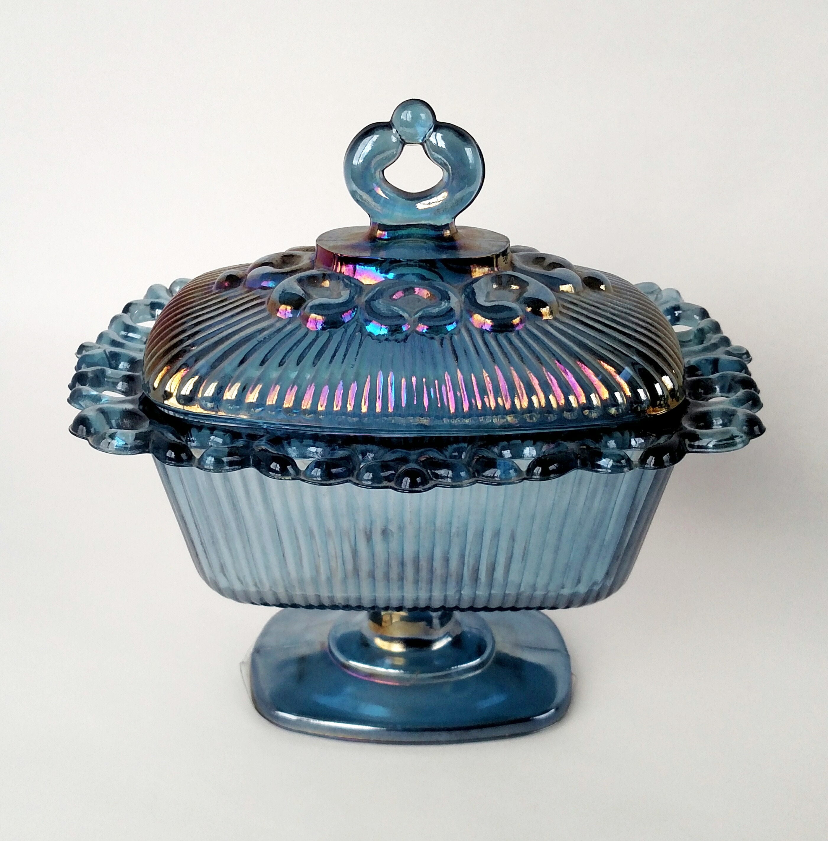 Vintage Harvest Blue Carnival Glass Covered Candy Dish