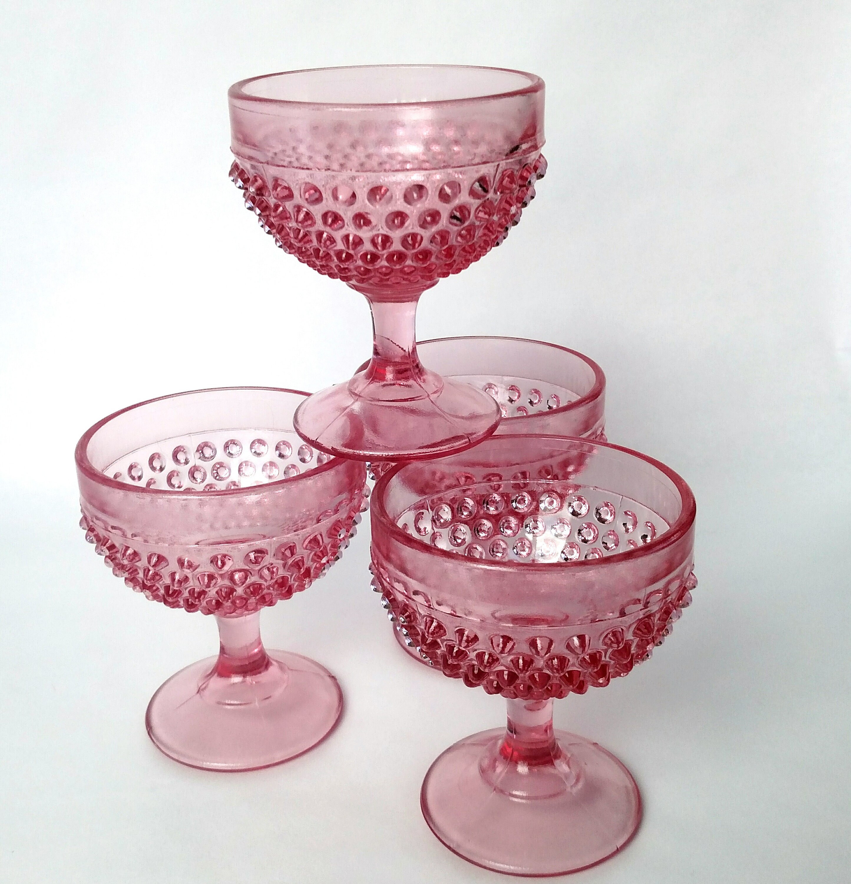 Set of 4 Vintage Pink Hobnail Sherbet / Champagne glasses by LE Smith