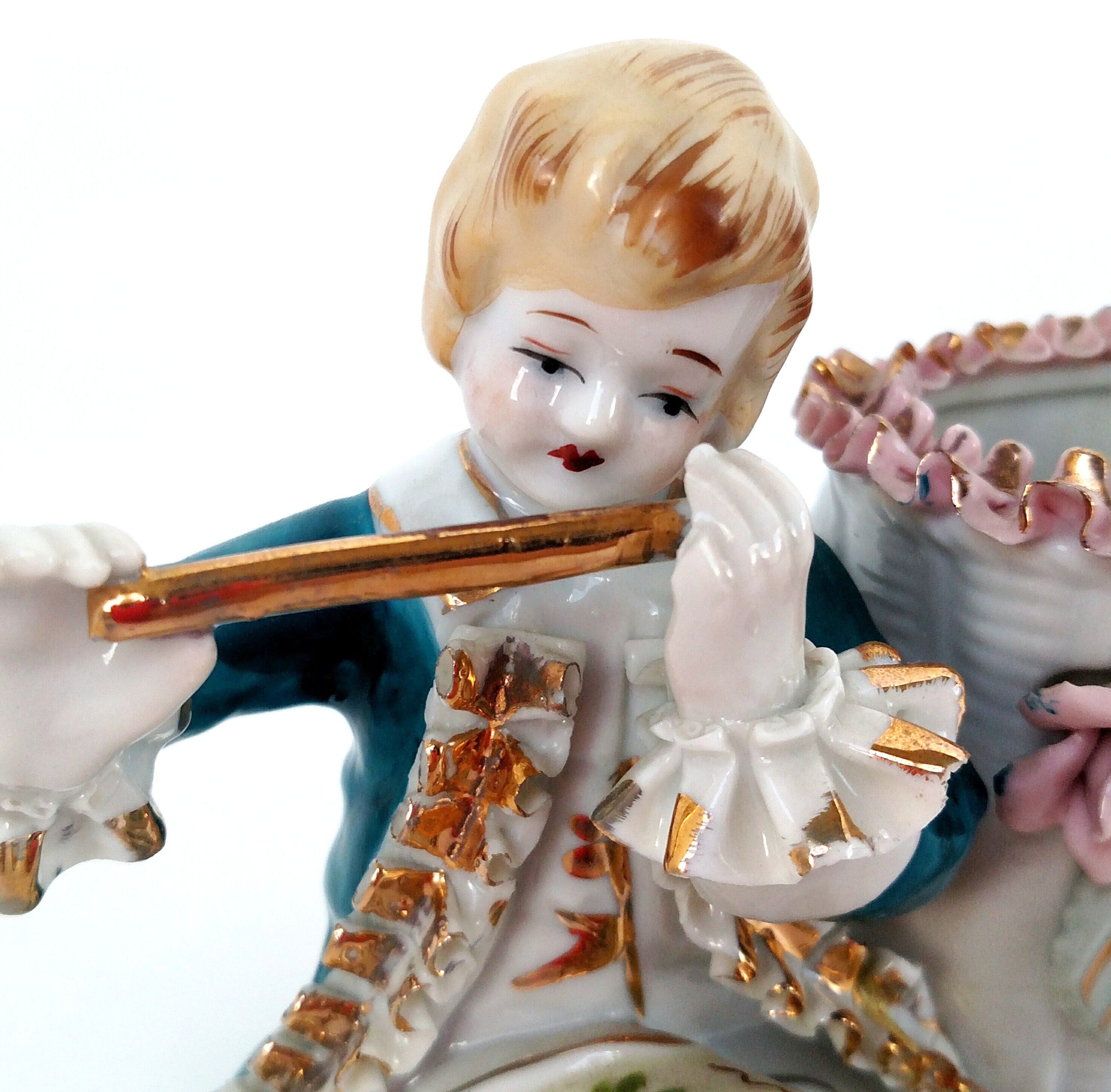 Vintage Porcelain Figurine Bud Vase of French Rococo Boy Playing Flute