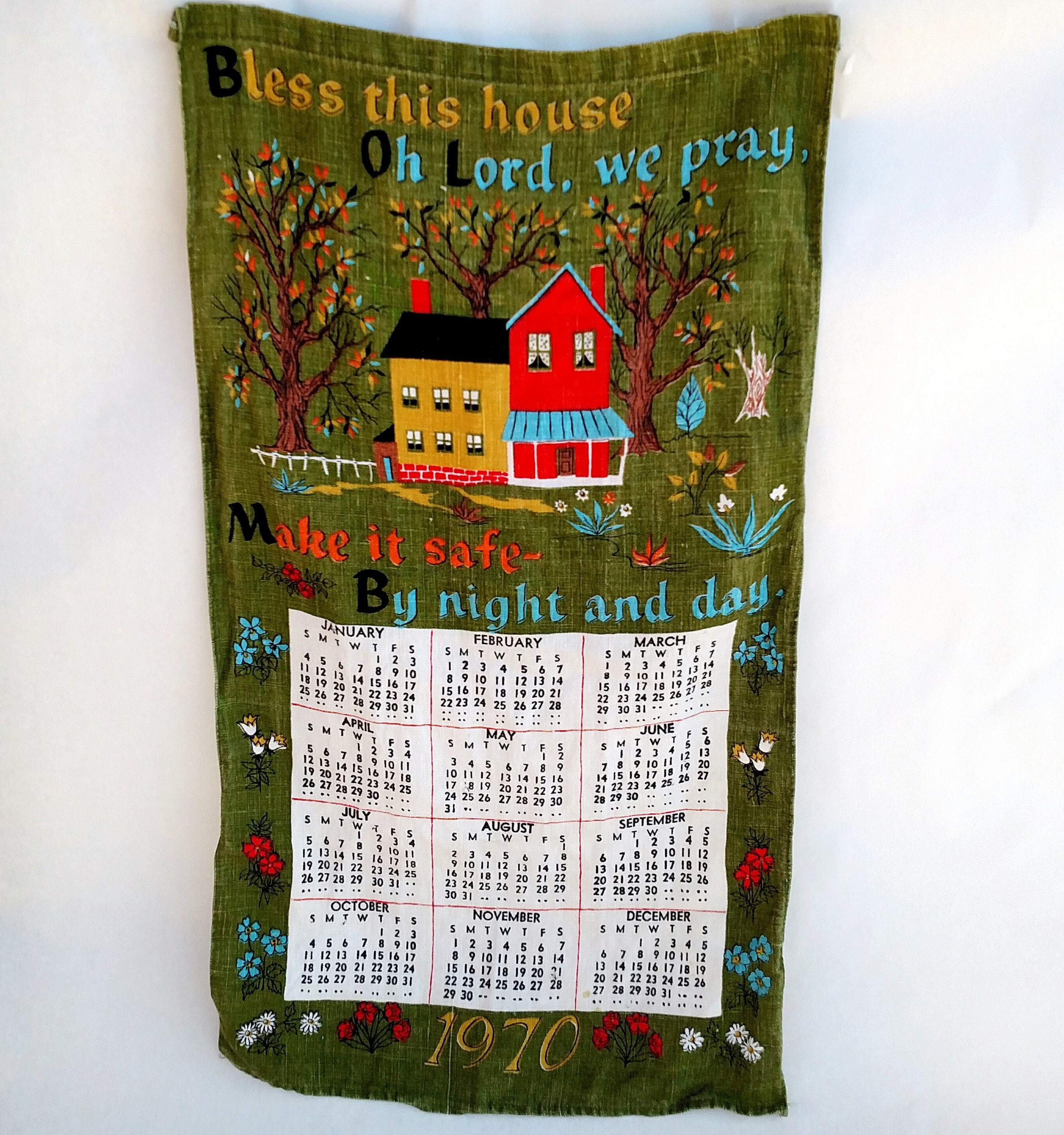 Vintage 1970 Linen Tea Towel Calendar Bless This House