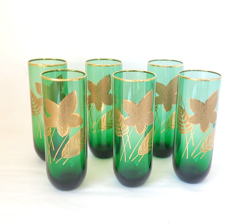 Set of 6 Vintage Libbey Emerald Green Glass Tumblers with Gold Leaf Design Mid Century Glass / Green Glasses / Vintage Glasses / Barware image 1