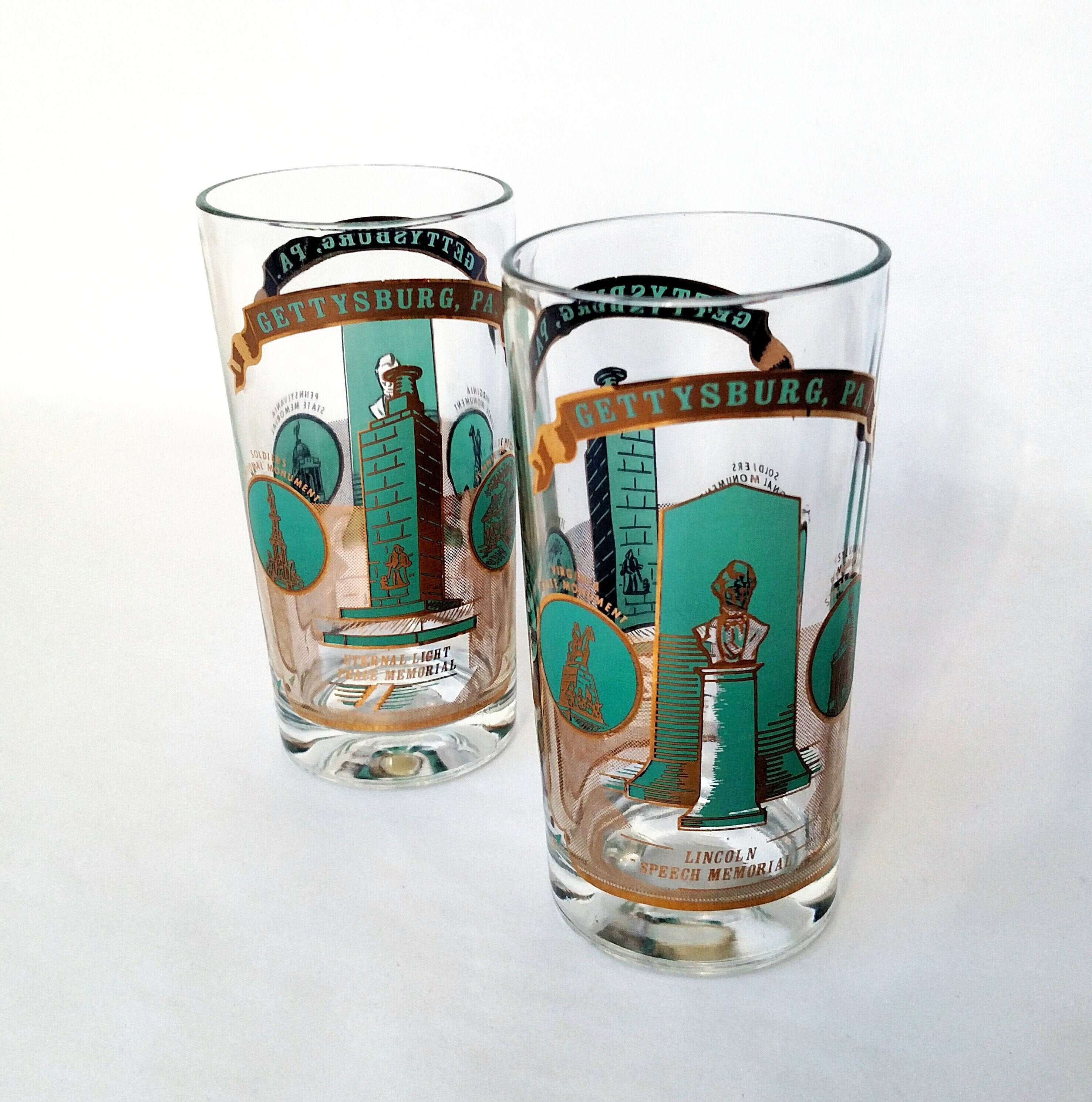 Set of 2 Vintage Gettysburg Pennsylvania Souvenir Glass Tumblers in Clear with Turquoise and Gold