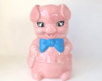 Vintage Large Ceramic Piggy Bank with Bowtie: Kitschy Decor