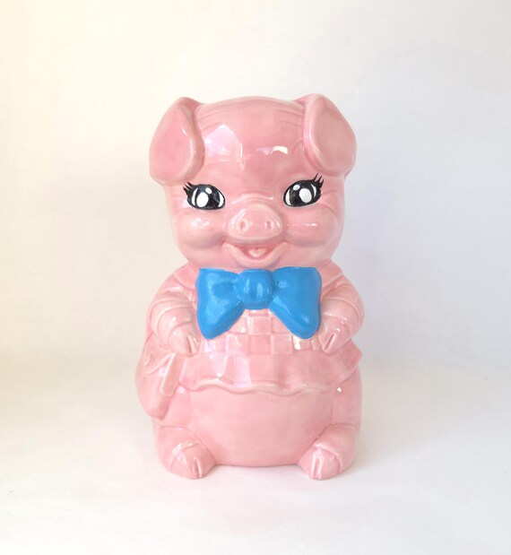 Vintage Large Ceramic Piggy Bank with Bowtie: Kitschy Decor