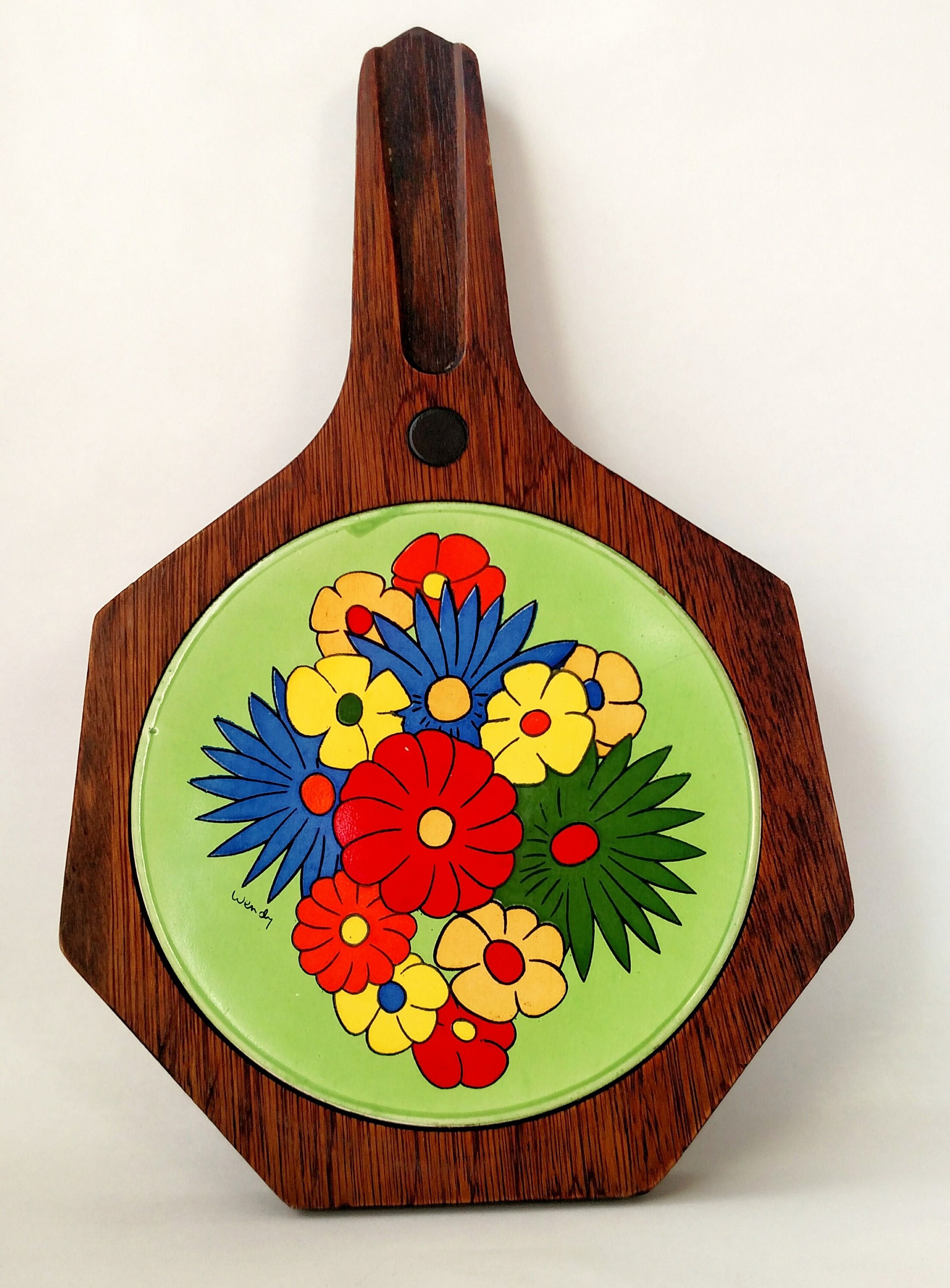 Vintage Groovy Floral Ceramic Tile and Wood Trivet Tray