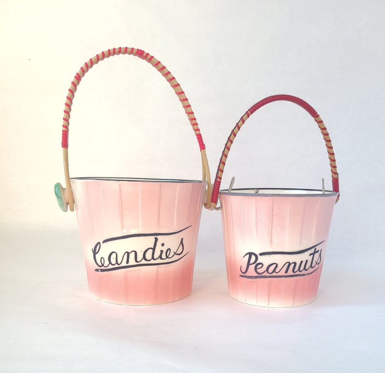 Set of 2 Vintage Ceramic Candies and Peanuts Buckets by Lipper Mann Vintage Kitsch / Kitschy Kitchen / Pink Kitchen image 1