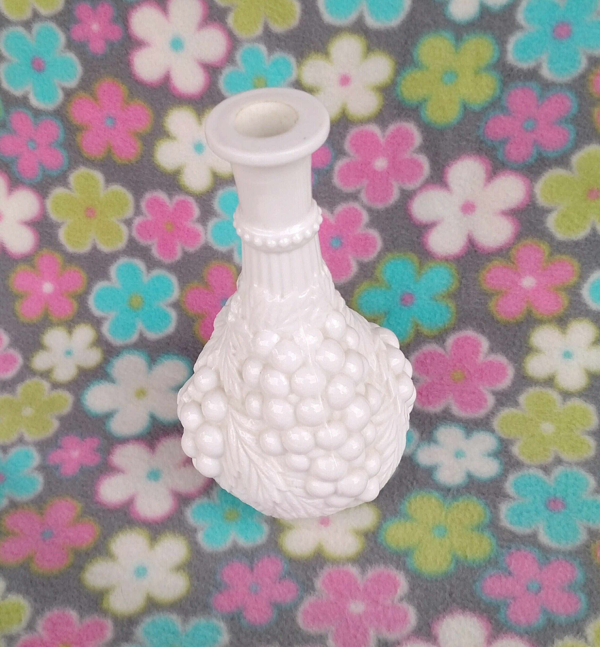 Vintage Milk Glass Bottle Decanter with Grape Vine Design