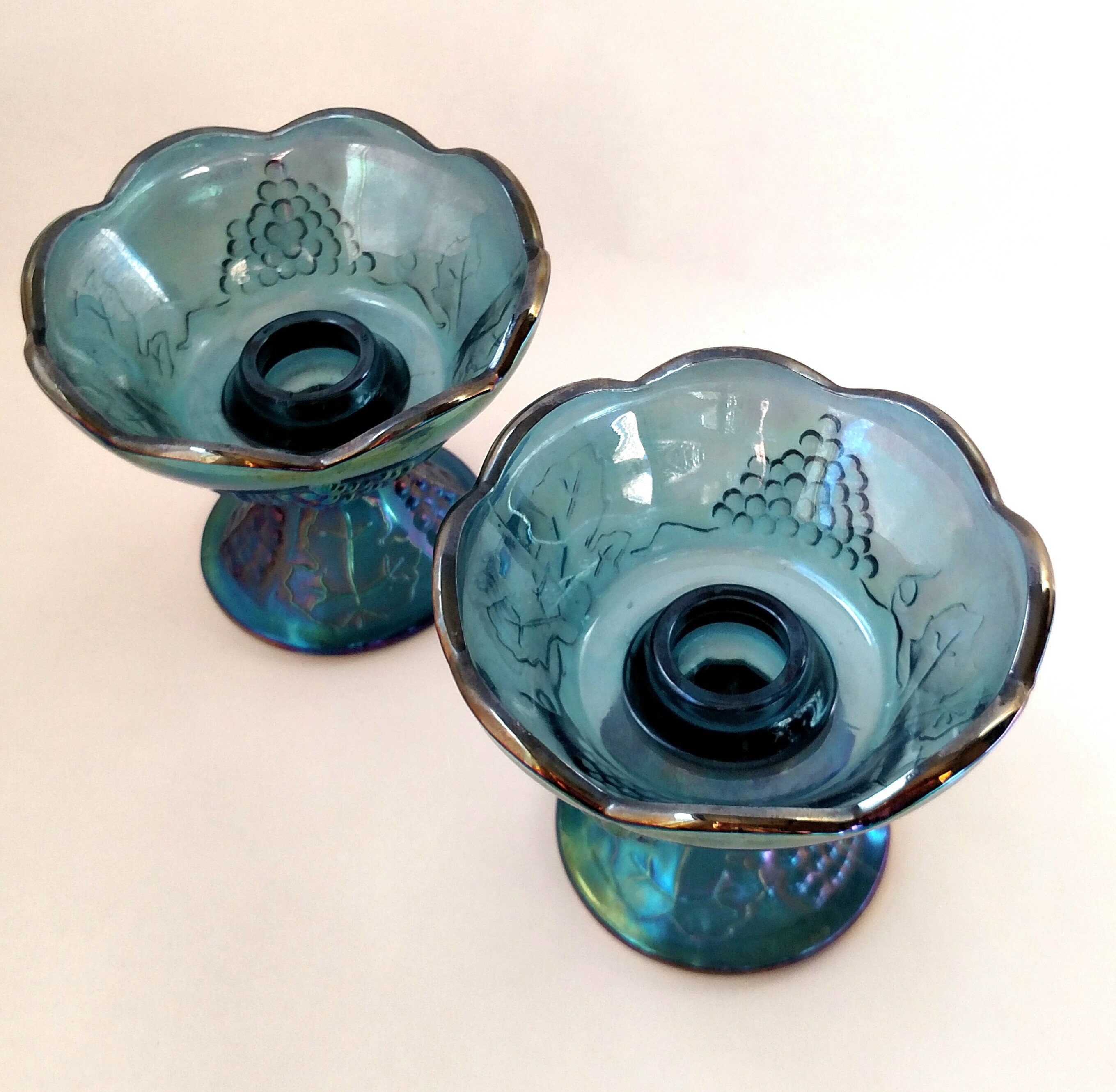 Set of 2 Vintage Blue Carnival Glass Candle Holders with Grape Vine