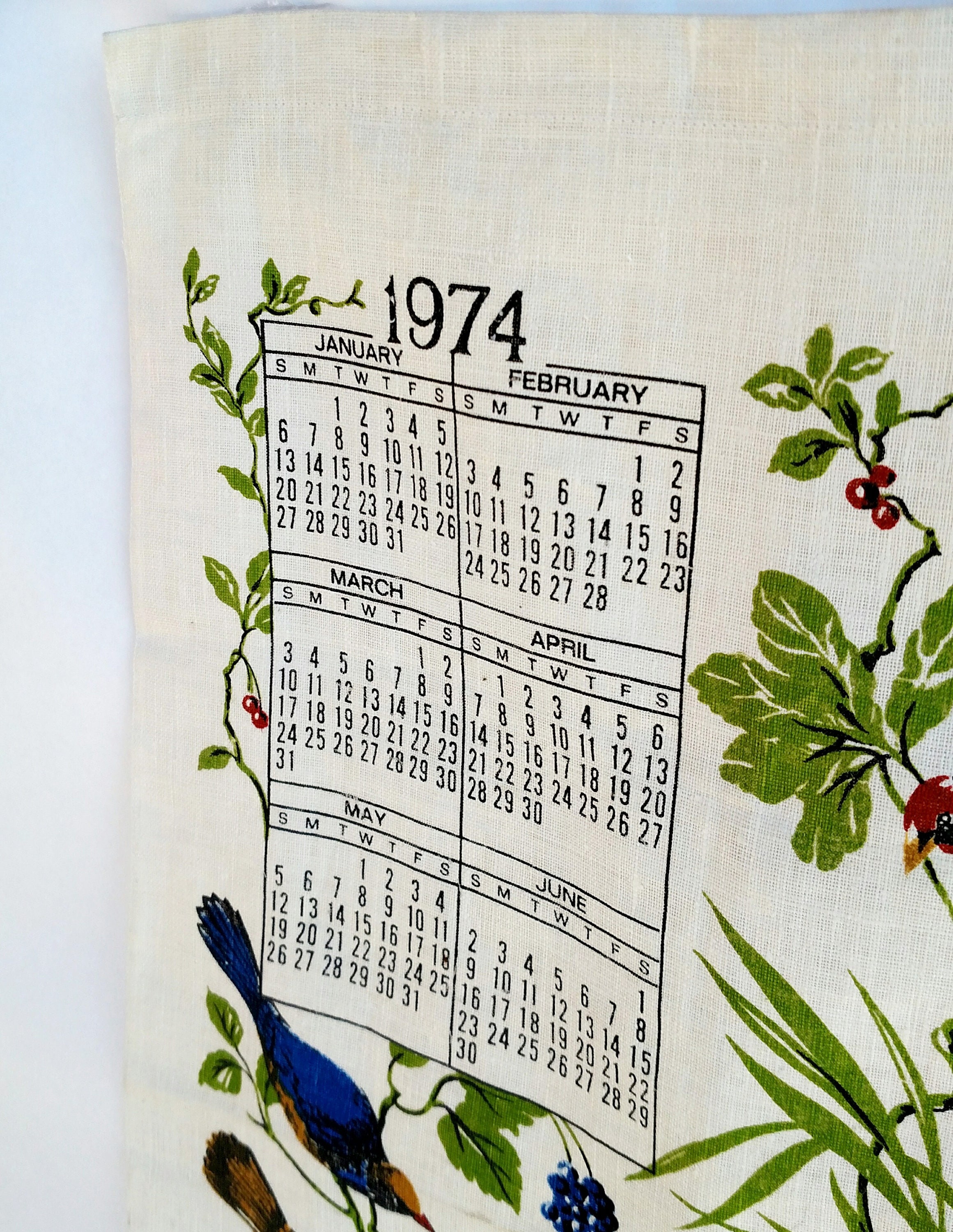 Vintage 1974 Linen Tea Towel Calendar with Colorful Birds on Flowering