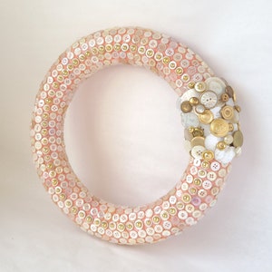 Vintage Button Wreath in Pink, White and Gold 12 Inch Button Decor / Sewing Room Wreath image 1