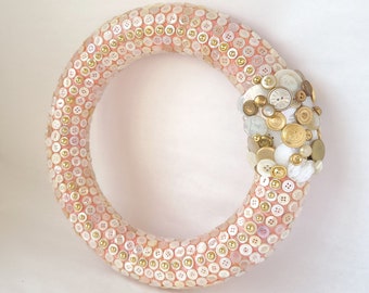 Vintage Button Wreath in Pink, White and Gold - 12 Inch - Button Decor / Sewing Room Wreath