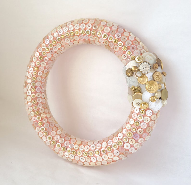 Vintage Button Wreath in Pink, White and Gold 12 Inch Button Decor / Sewing Room Wreath image 1