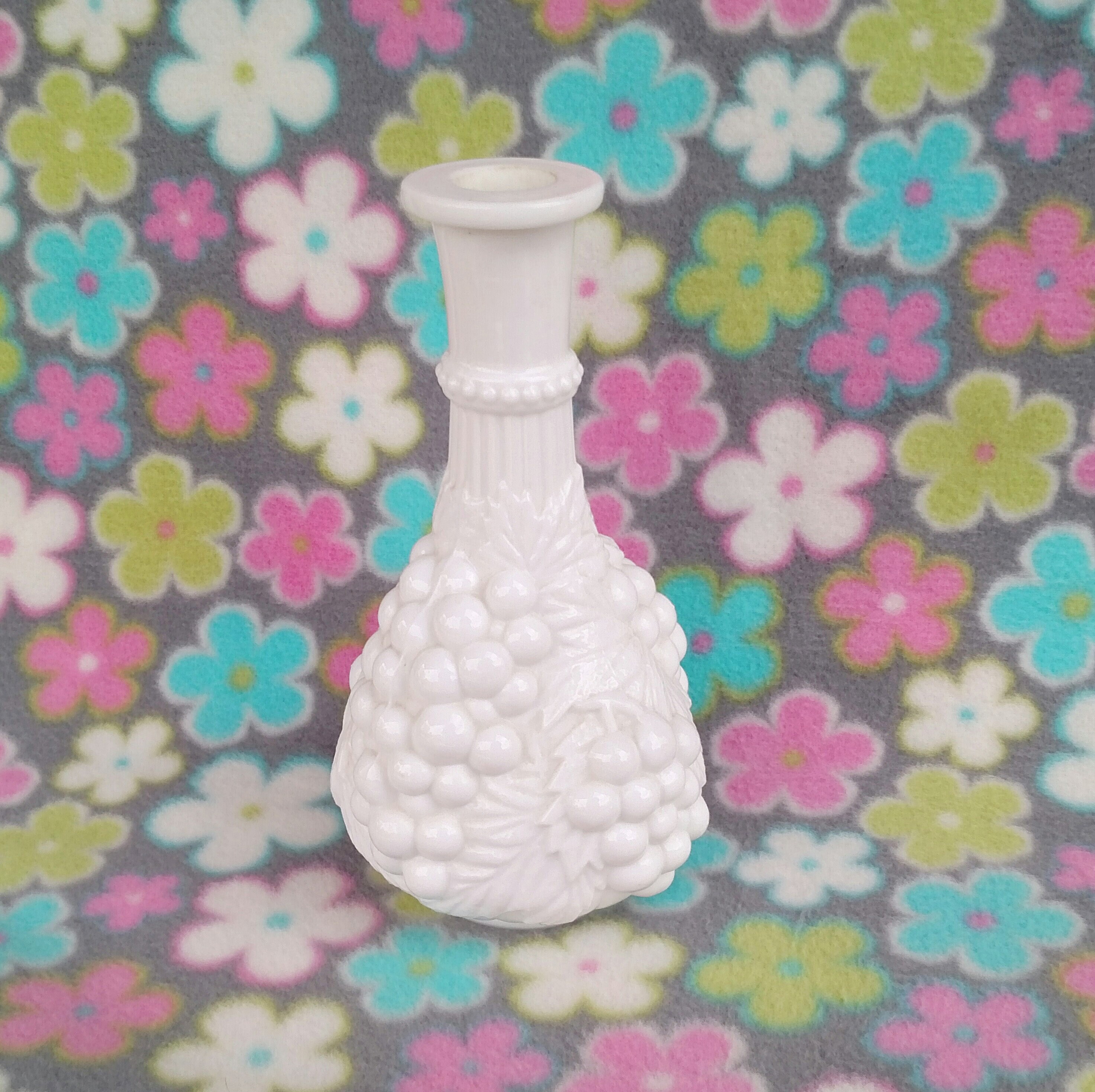 Vintage Milk Glass Bottle Decanter with Grape Vine Design