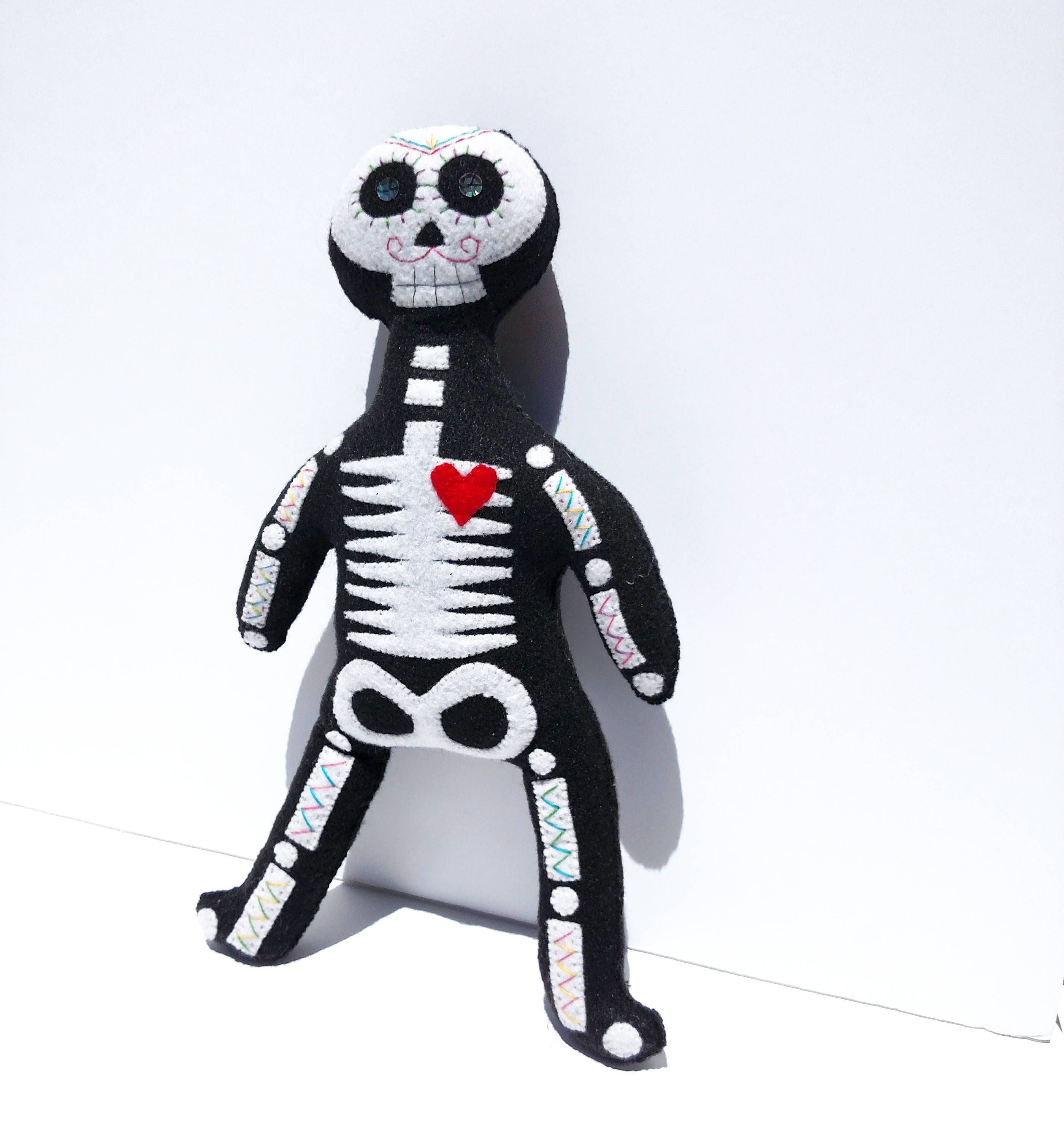 Day of The Dead Felt Skeleton Doll Hand Sewn and One of a Kind