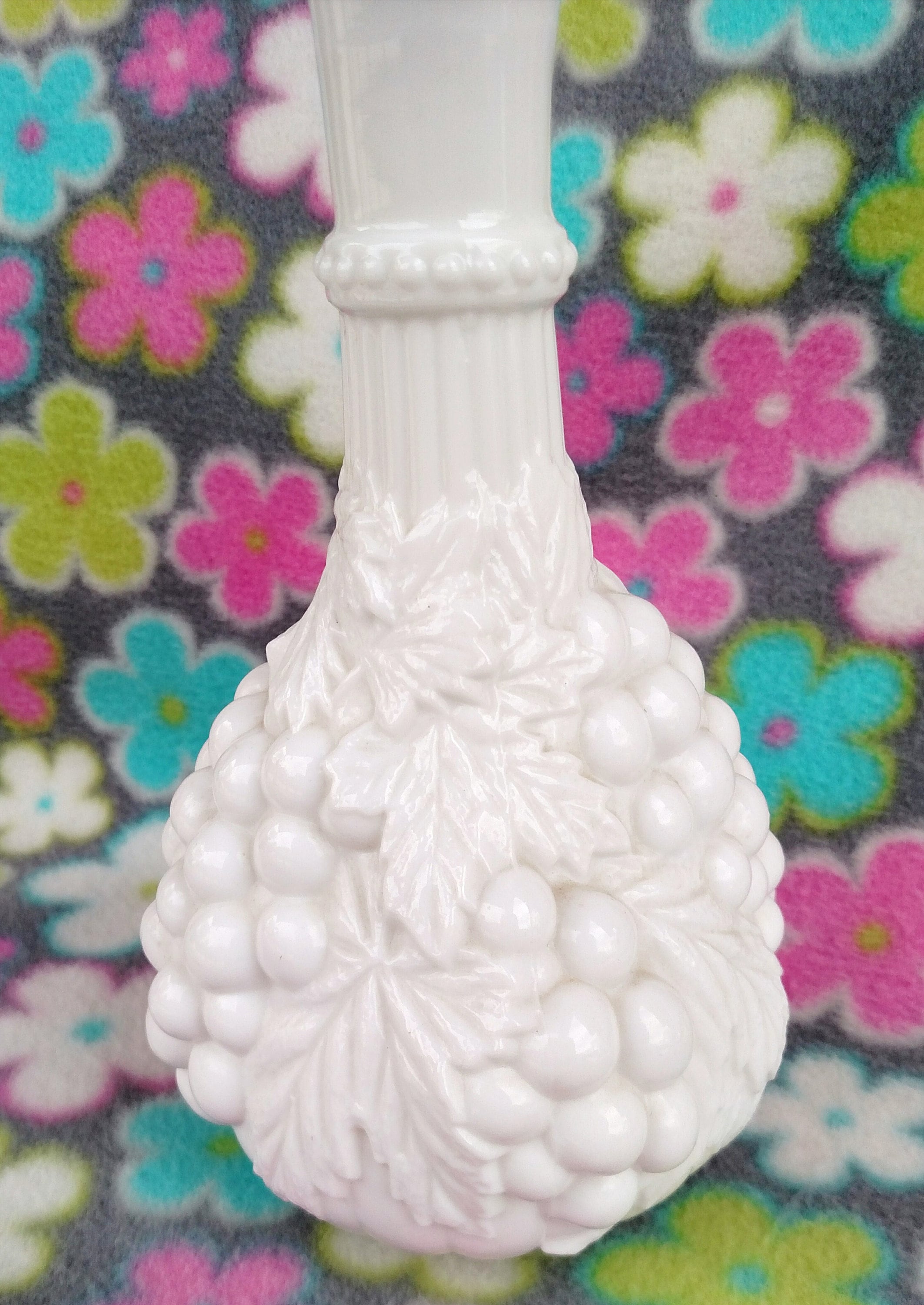 Vintage Milk Glass Bottle Decanter with Grape Vine Design