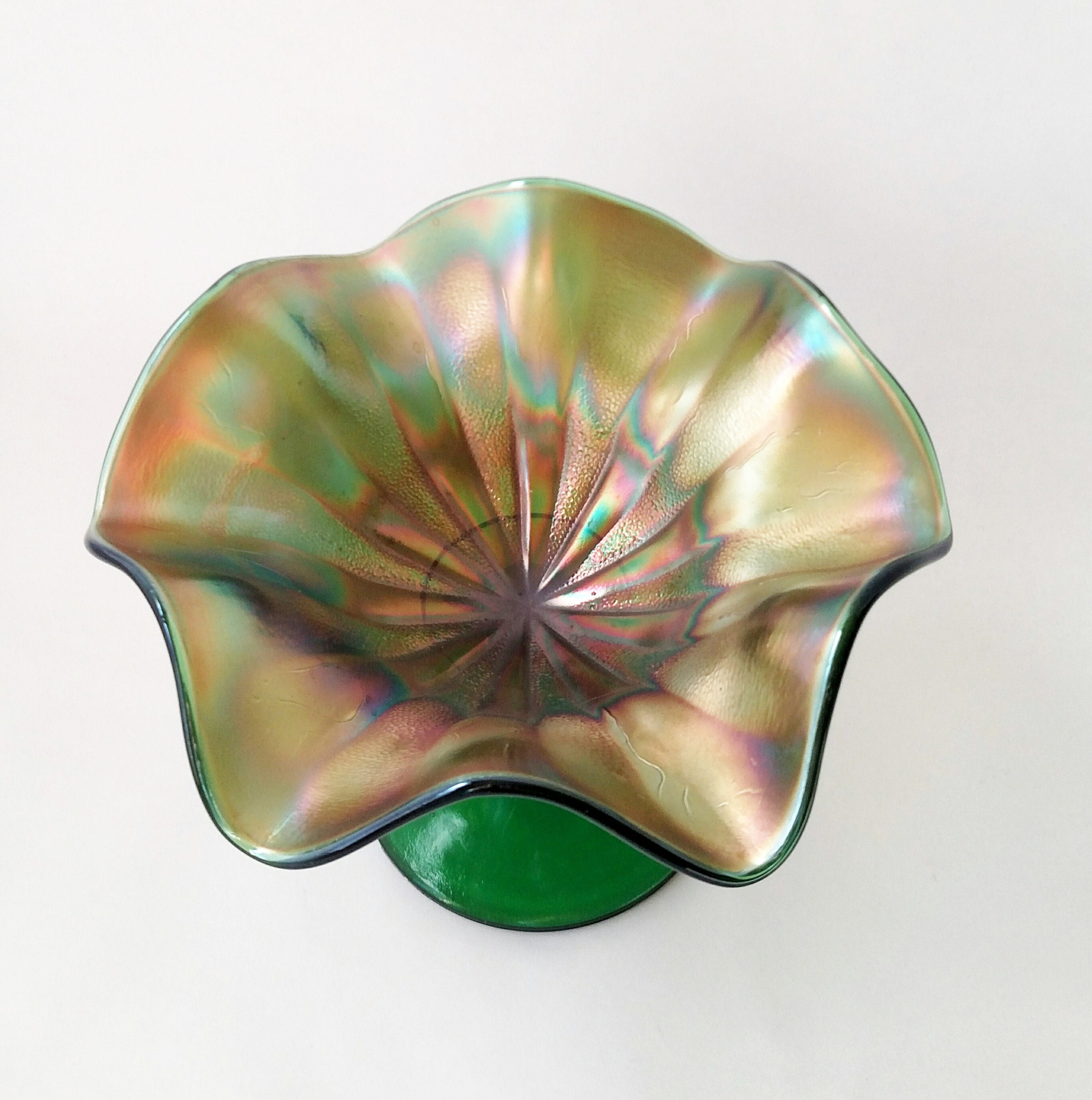 Vintage Green Carnival Glass Ruffled Edge Pedestal Bowl