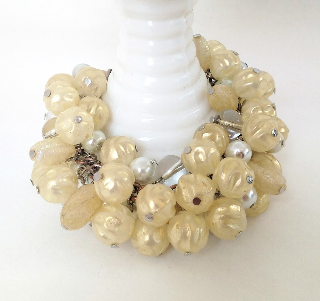 Bracelet Vintage Fausses Perles Champagne - 20 Cm - Doré - Qualité Belle, Origine France