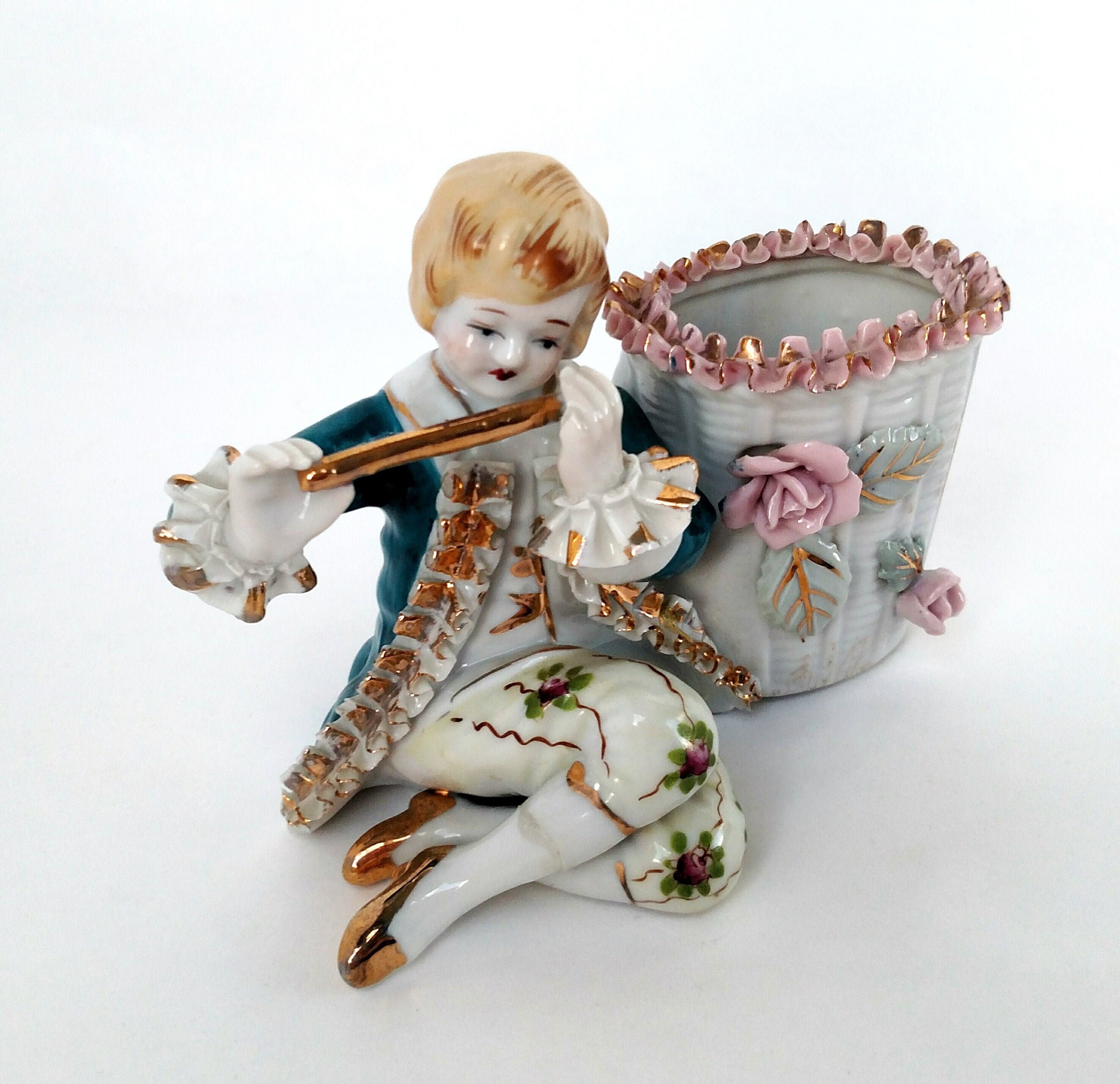 Vintage Porcelain Figurine Bud Vase of French Rococo Boy Playing Flute
