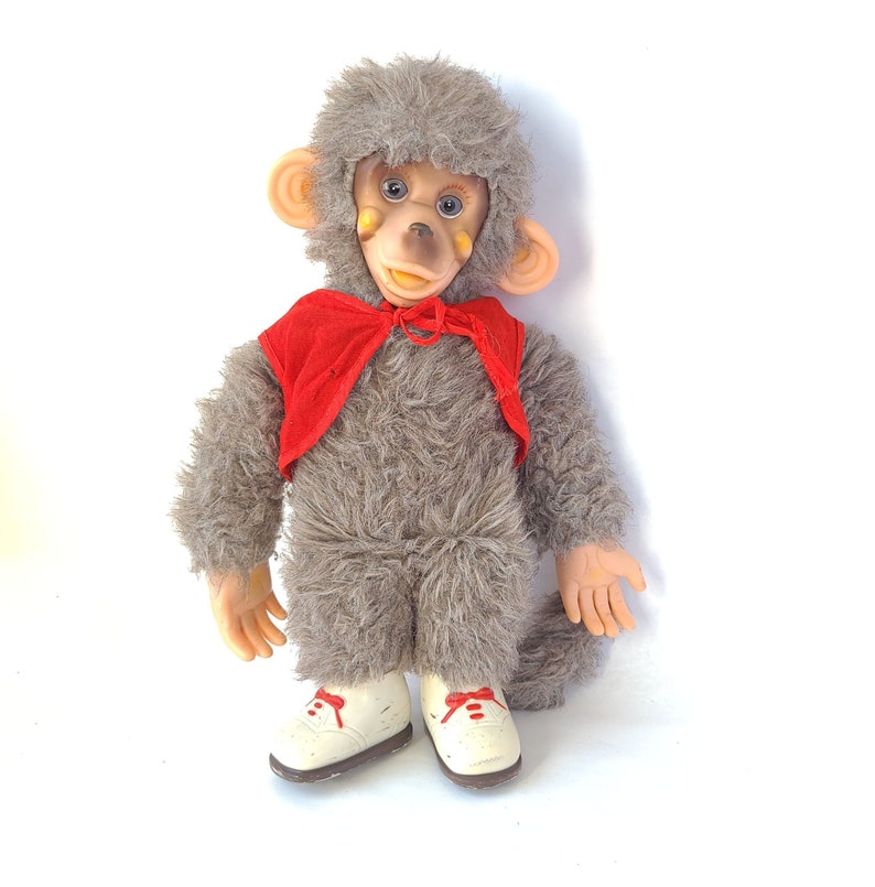 Vintage Plastic Face Furry Monkey Plush with Sneakers Made in Japan 15 Inches / Rubber Face Plush / Vintage Plush Monkey / Kitschy Cute image 1