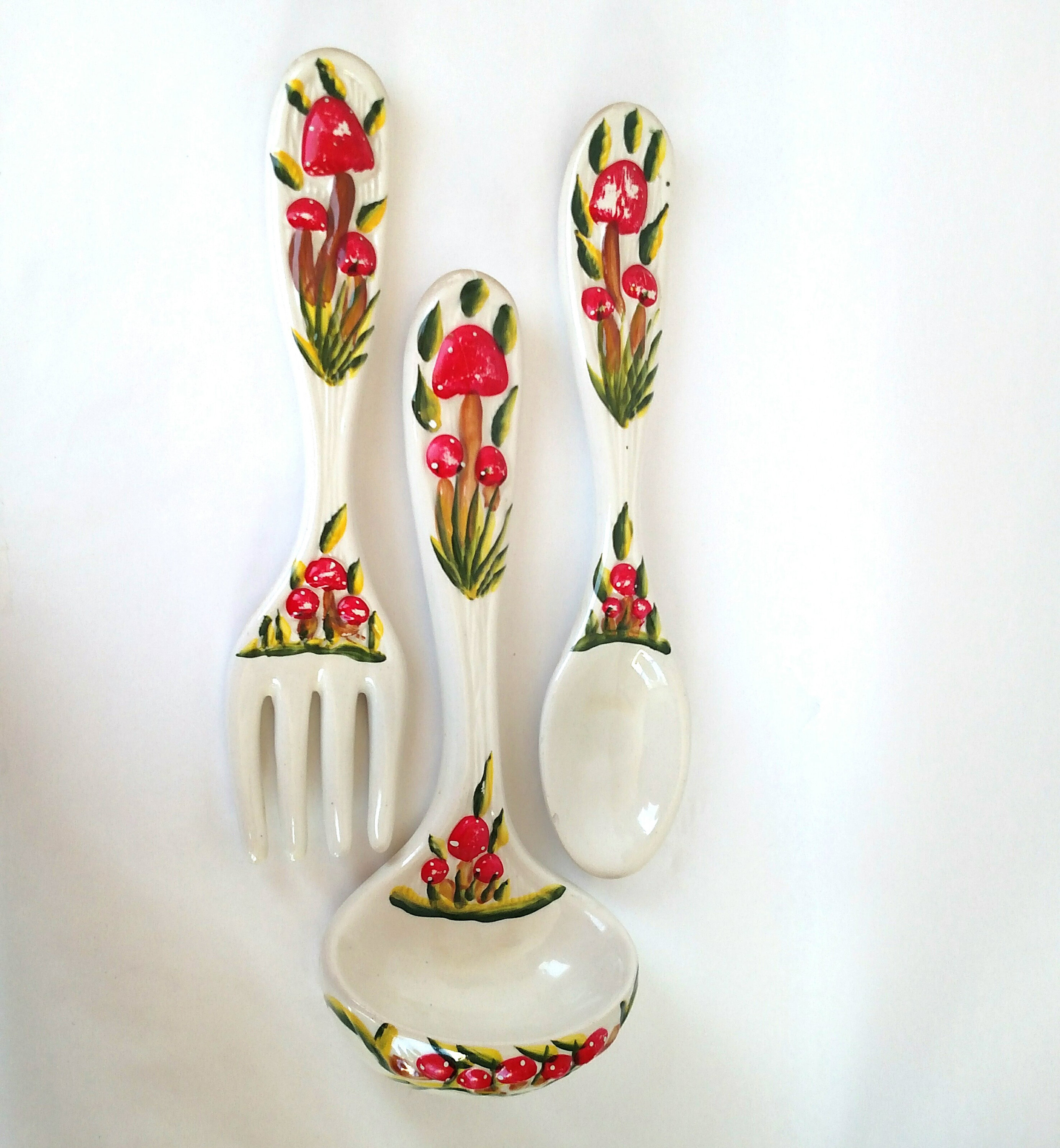 Set of 3 Vintage Giant Ceramic Wall Flatware with Mushroom Design