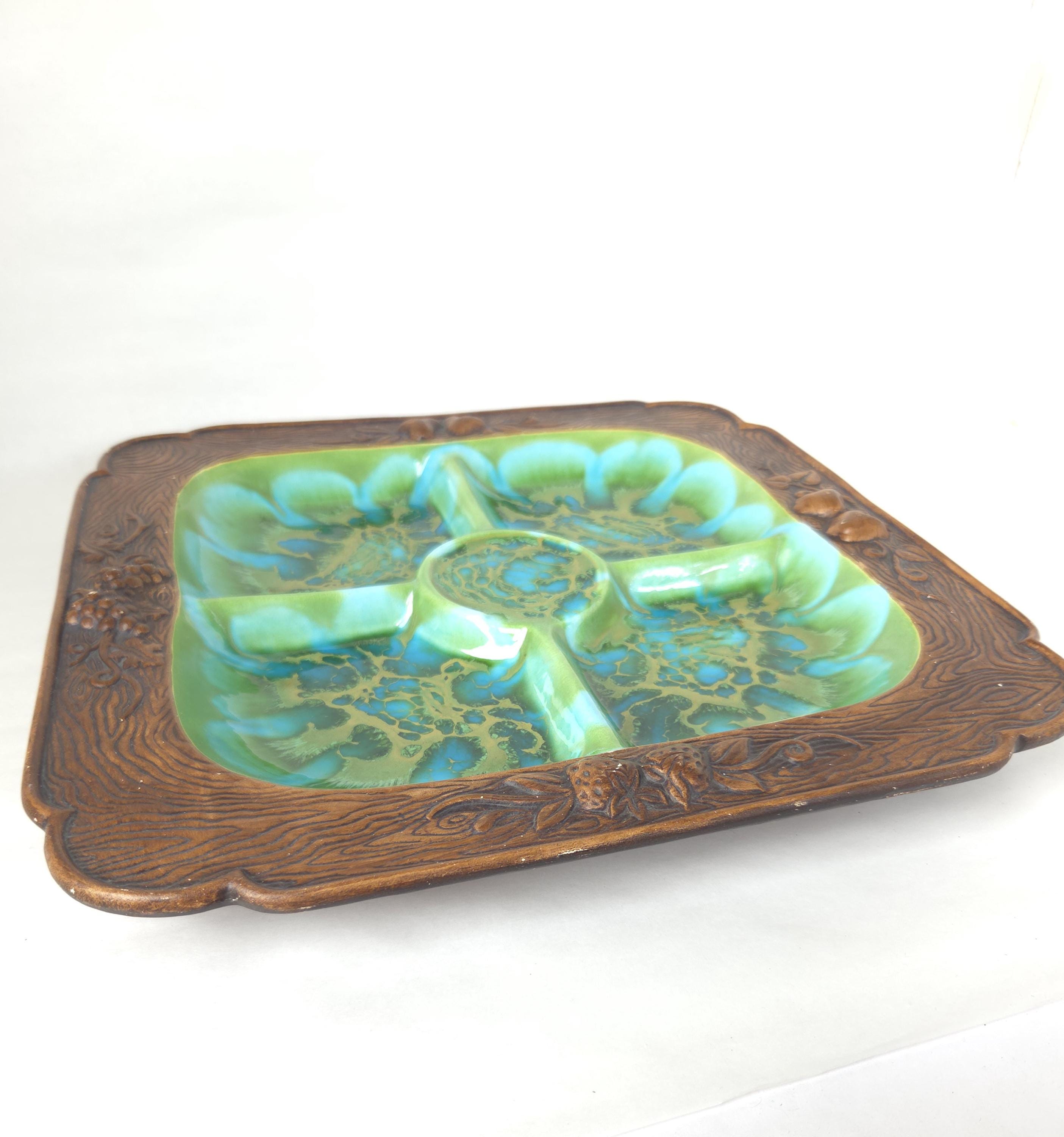 1960's Treasure Craft 4 Section Tray in Turquoise and Green