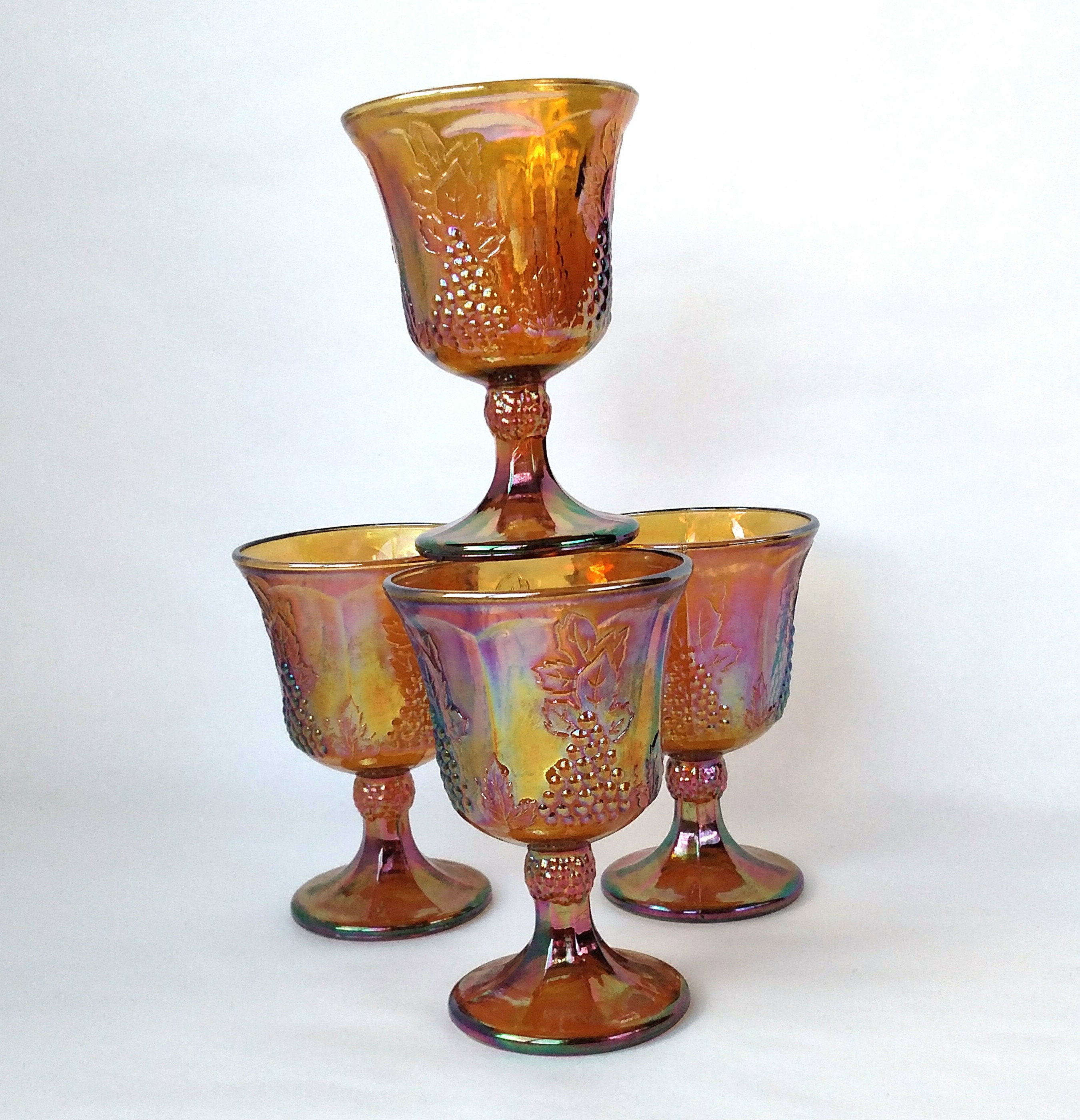 Set of 4 Vintage Marigold Carnival Glass Goblets with Harvest Grape