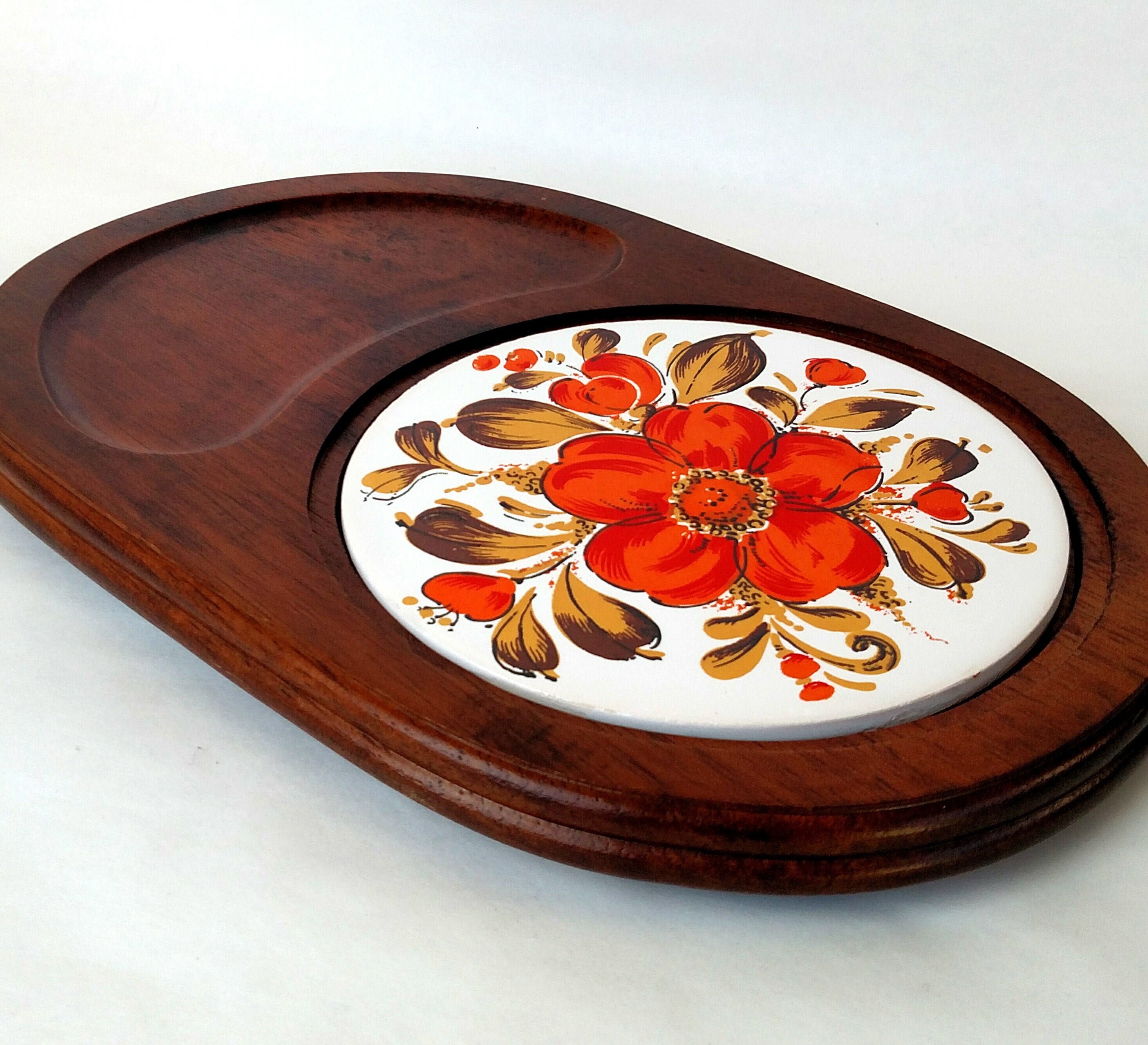 Vintage Wooden Tray with Floral Ceramic Tile in Orange and Golden Brown