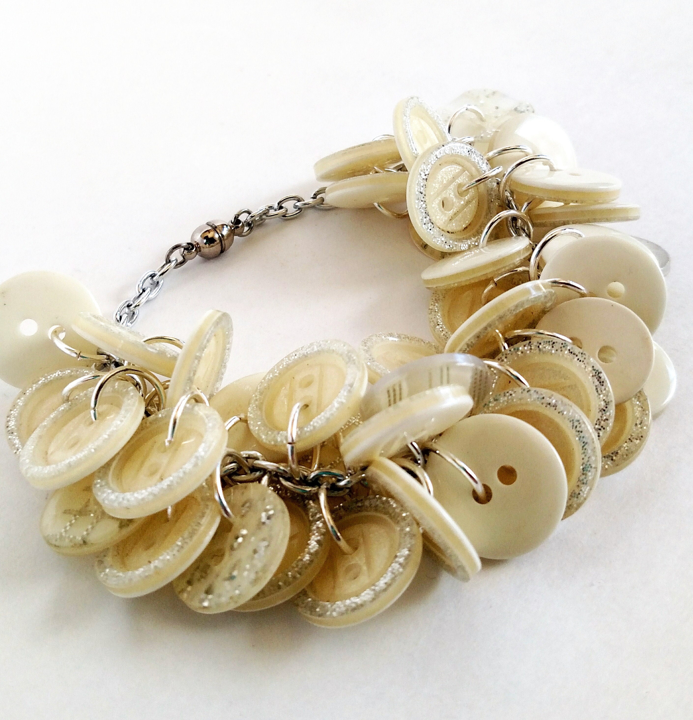 Faux Shell Button Cha Cha Charm Bracelet with Silver Glitter Accents