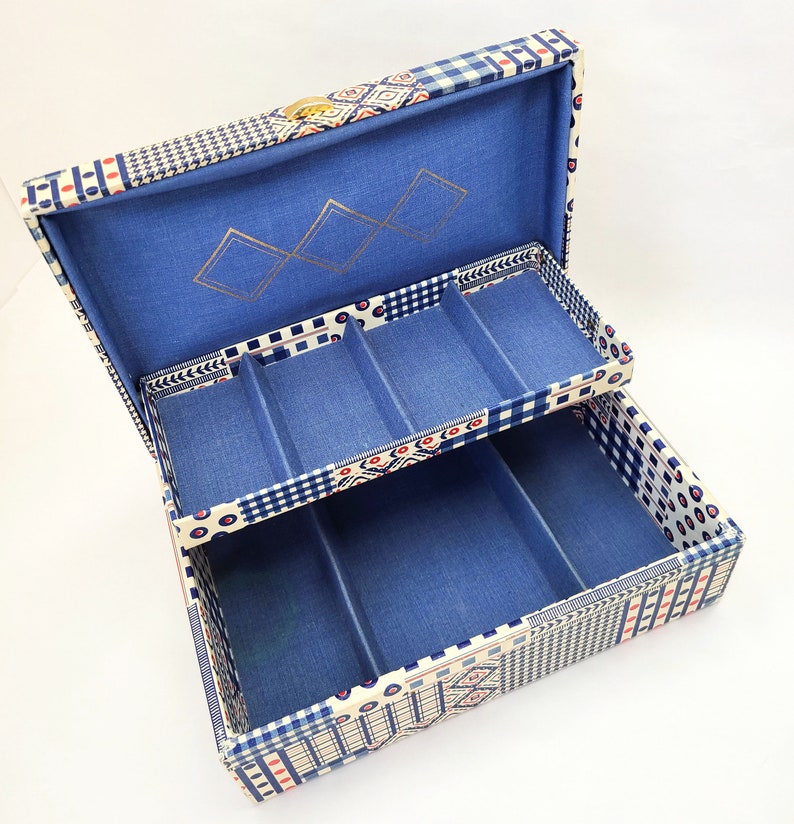 White and Blue Buxton Jewelry Box Vintage Red