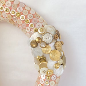 Vintage Button Wreath in Pink, White and Gold 12 Inch Button Decor / Sewing Room Wreath image 4